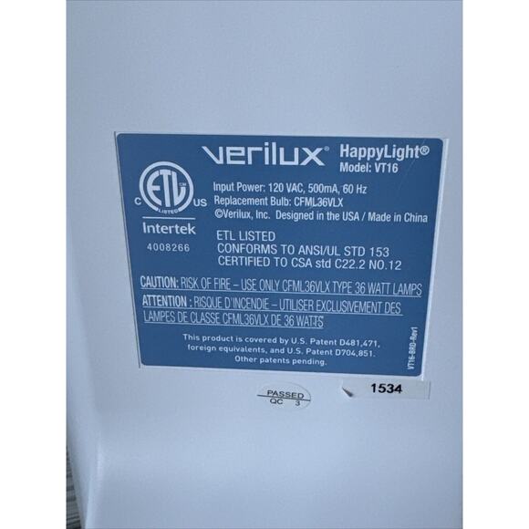 Verilux Daylight Therapy Lamp Happy Light Natural Spectrum Energy Health 7500LUX - Picture 8 of 8